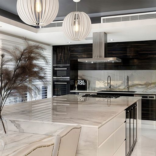 Custom kitchen with marble island and integrated joinery